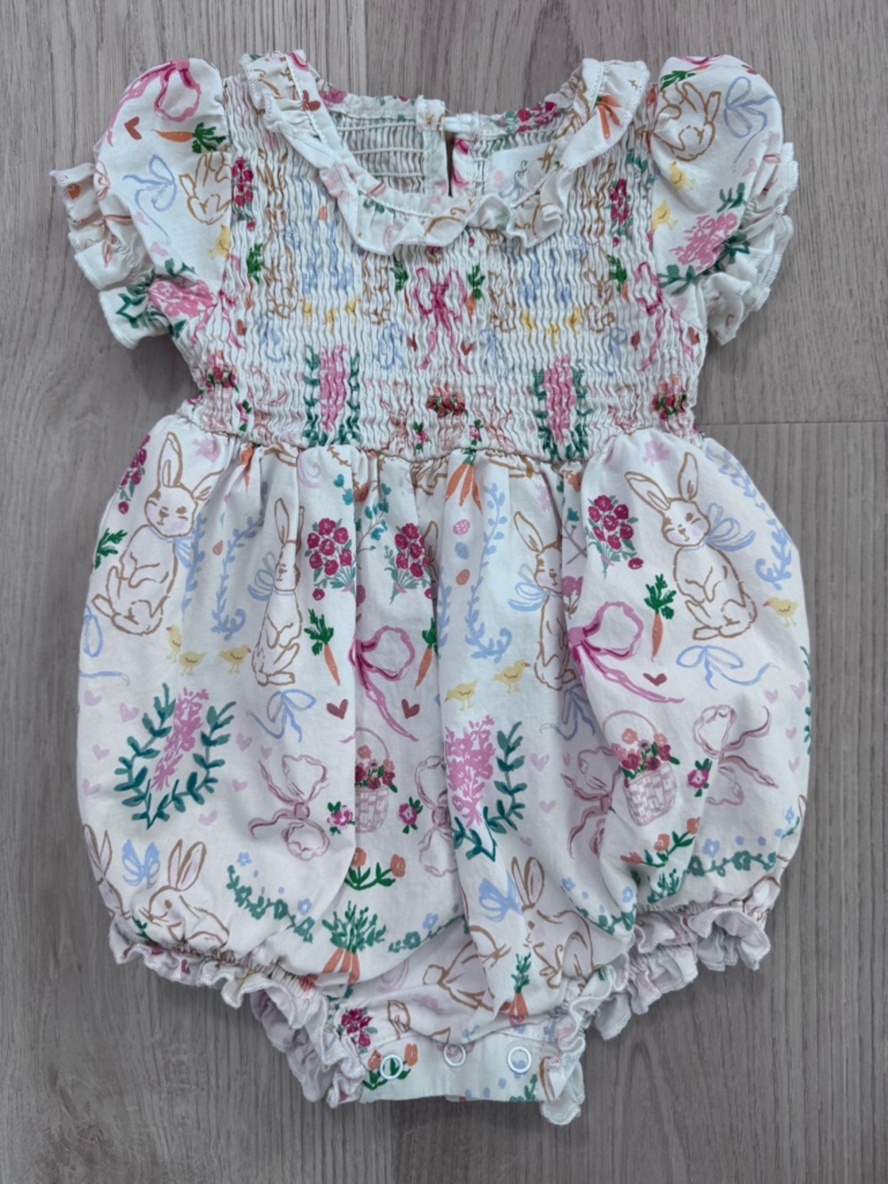 Sweethoney Smocked Baby Romper in Pastel Bunny Floral Print